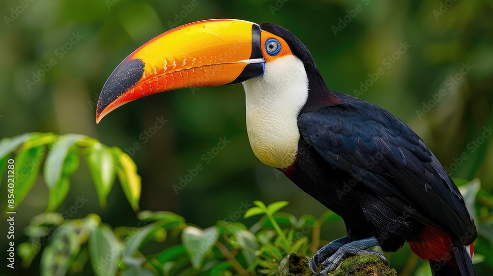 Fototapeta premium Majestic Toco Toucan (Ramphastos toco) with its vivid beak, set against the rich greenery of the Amazon rainforest.