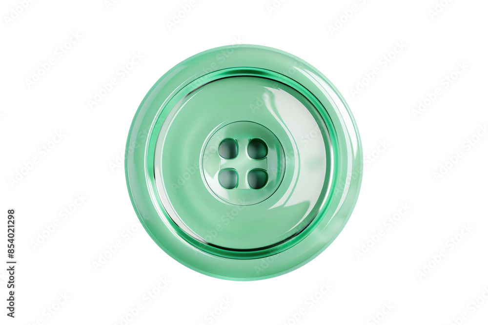 A close-up of a shiny green button with four holes. isolated on transparent and white background. A close-up of a shiny green button with four holes. isolated on transparent and white background.