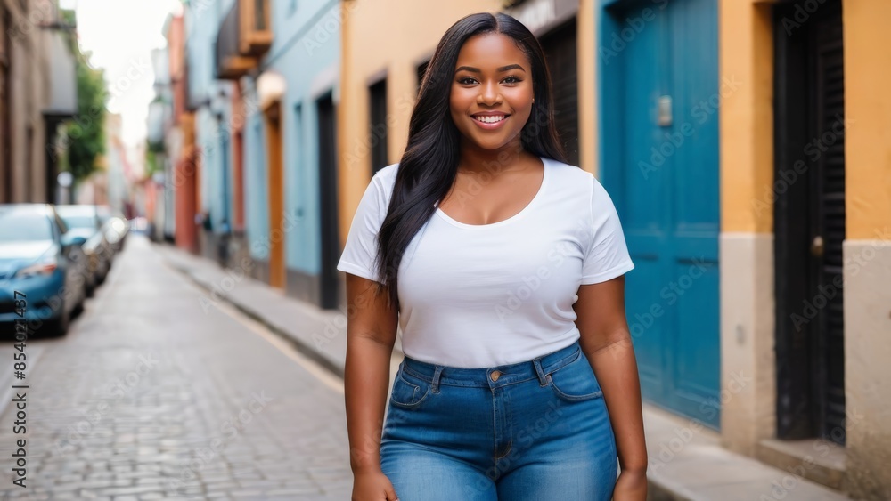 Plus size young black woman wearing white t-shirt and blue jeans standing in a city alley Plus size young black woman wearing white t-shirt and blue jeans standing in a city alley