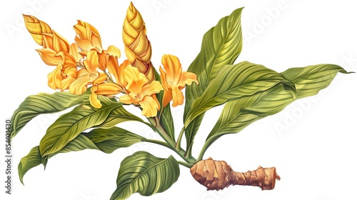 A botanical illustration of a turmeric plant, highlighting its unique leaves, flowers, and root.