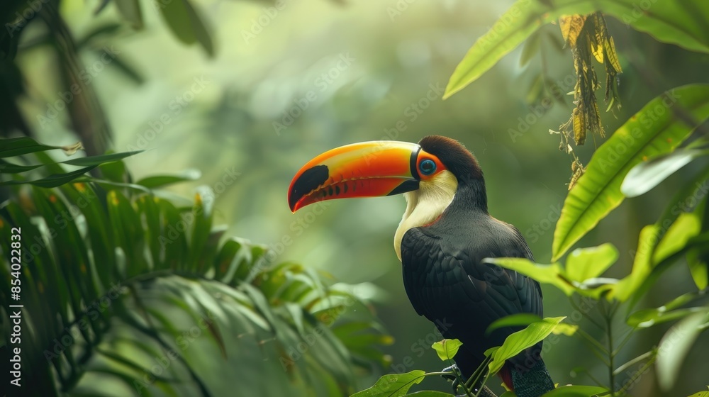 Toco Toucan displaying its vivid colors, perched among the dense greenery of the Amazon rainforest Toco Toucan displaying its vivid colors, perched among the dense greenery of the Amazon rainforest