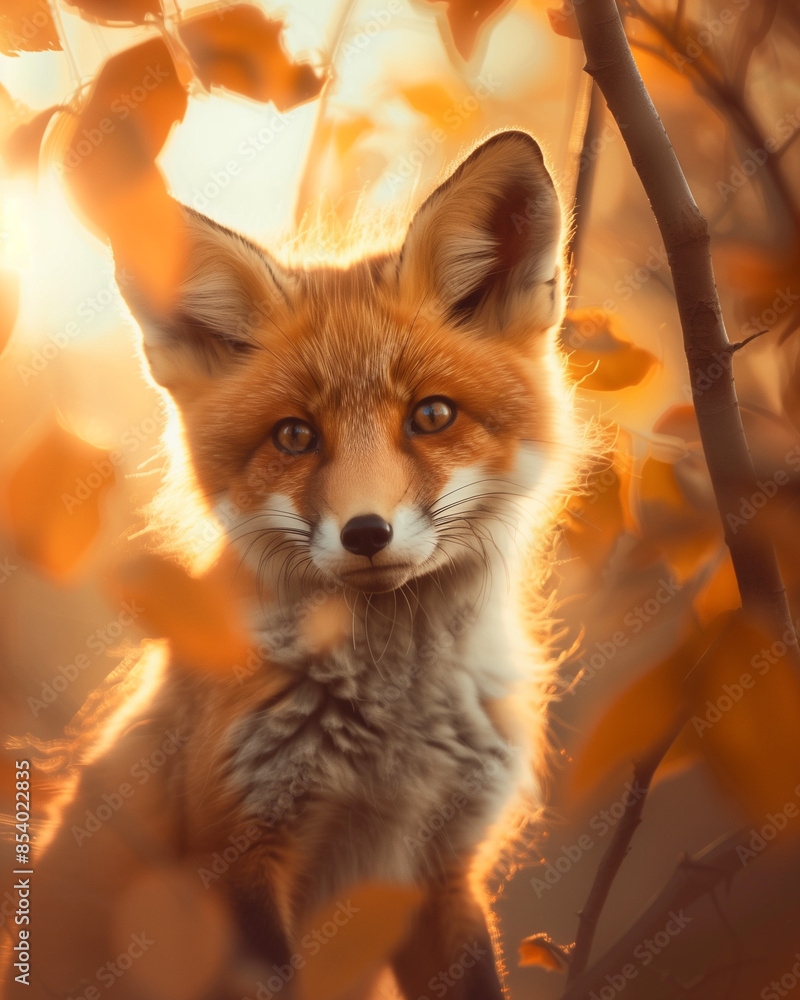 Fototapeta premium enchanting close-up portrait of a playful young fox with golden fur and autumn leaves, highlighting the beauty of nature