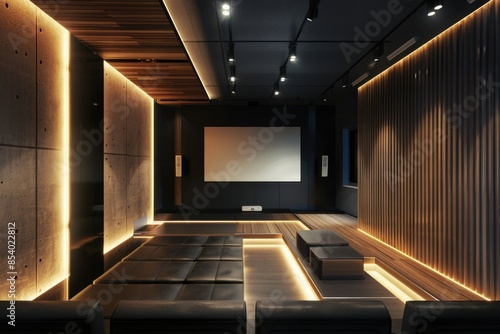 A large room with a projector screen and comfortable seating