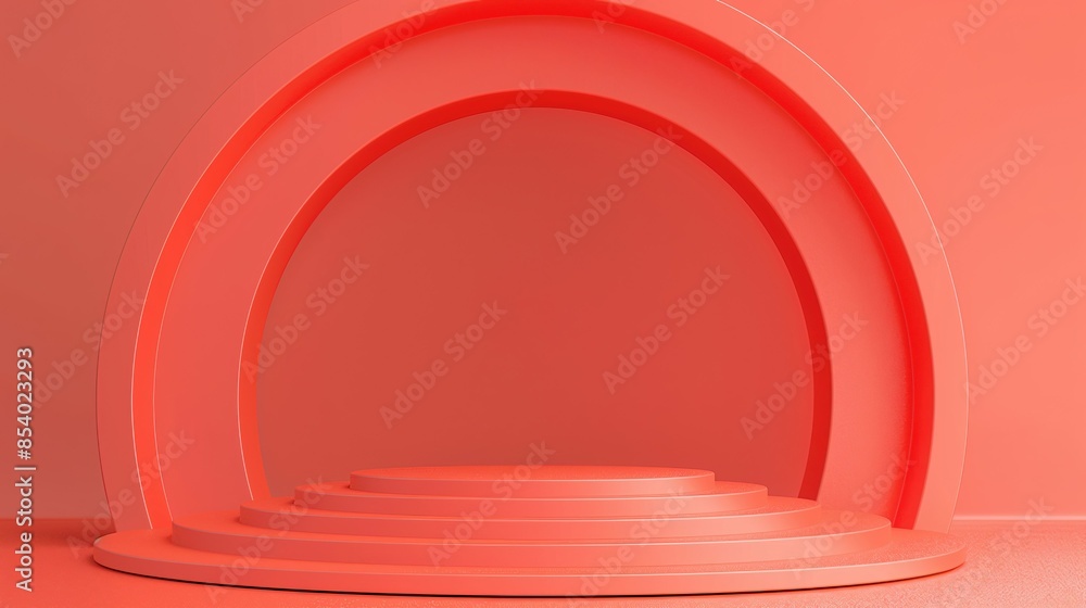 Naklejka premium An empty coral podium, minimalism arch. A 3d showcase for displaying goods.