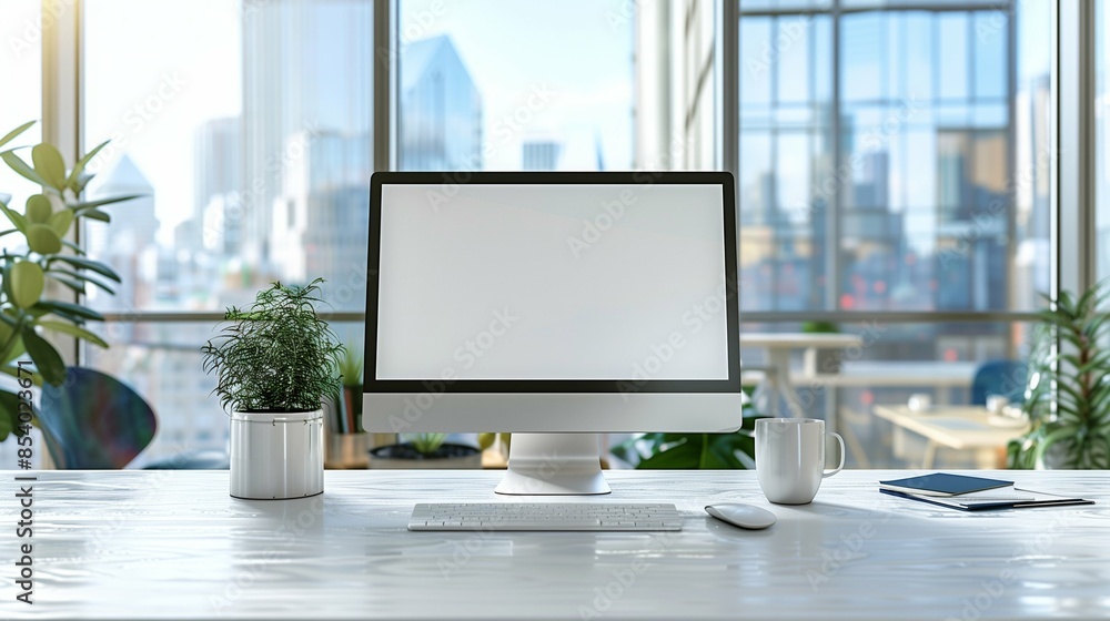 Fototapeta premium Front View of Blank White Computer Screen on Office Desk with Coffee Cup and Plants, Cityscape Visible Through Large Window in Background, Highlighting Modern Workspace Setup