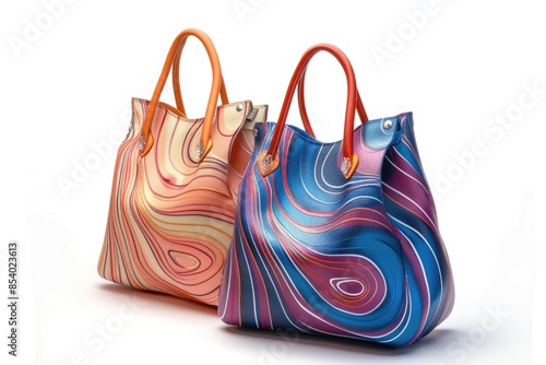 Colorful handbags sitting next to each other on a flat surface photo