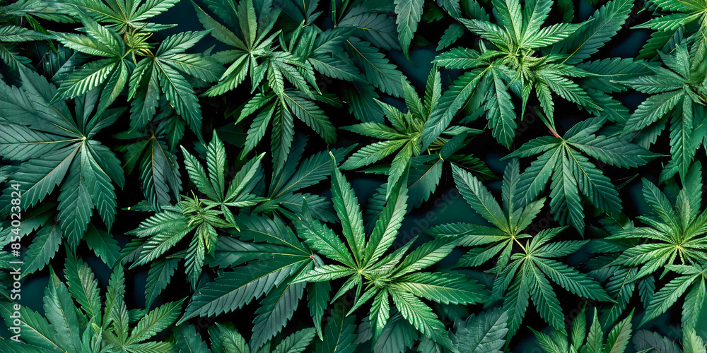 Patrón de hojas de cannabis verde sobre fondo negro: Diseño plano, vista superior, alta resolución, increíblemente detallado e intrincado, enfoque nítido, HDR, gradación de color profesional, composic Patrón de hojas de cannabis verde sobre fondo negro: Diseño plano, vista superior, alta resolución, increíblemente detallado e intrincado, enfoque nítido, HDR, gradación de color profesional, composic