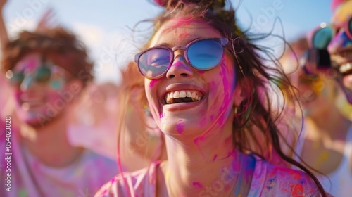 Young woman smiling with colorful paint on her face at a vibrant festival, surrounded by others enjoying the event under a sunny sky