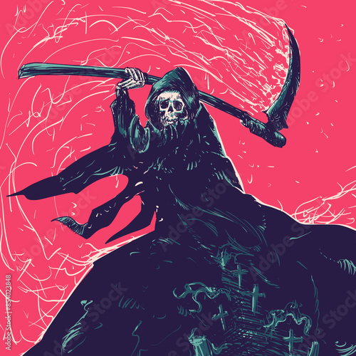 Grim Reaper Holding a Scythe in a Cemetery Vector Illustration
