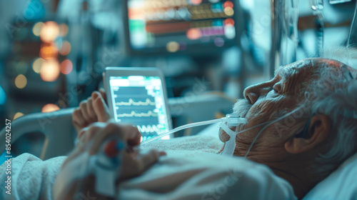 Senior patient in hospital with oxygen mask holding phone