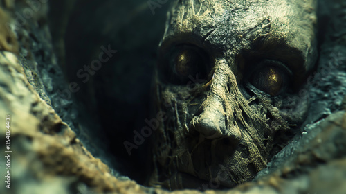 A close-up of a decaying, monstrous face emerging from the shadows with glowing eyes.