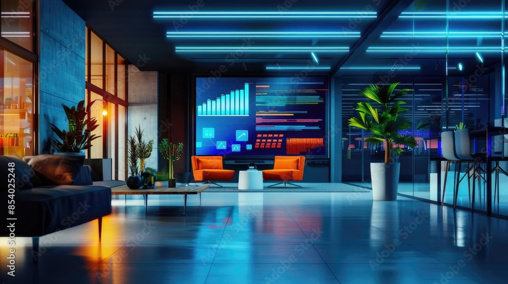 Modern office space with digital display, colorful lighting, and futuristic design, highlighting innovation and technology. Modern office space with digital display, colorful lighting, and futuristic design, highlighting innovation and technology.