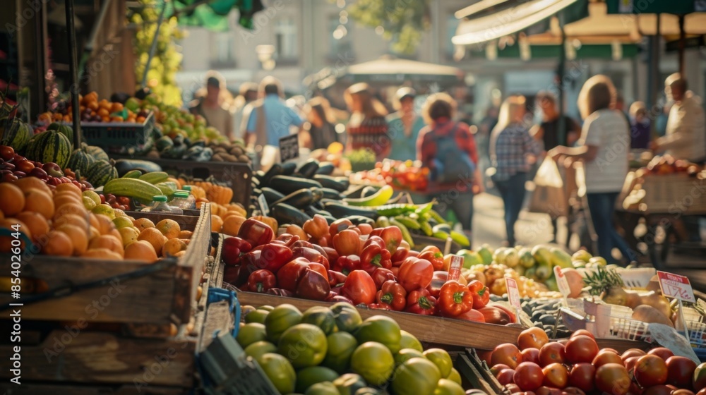 Fresh produce at a bustling outdoor farmers market on a sunny day. Fruits and vegetables displayed on wooden stands attract shoppers. Fresh produce at a bustling outdoor farmers market on a sunny day. Fruits and vegetables displayed on wooden stands attract shoppers.