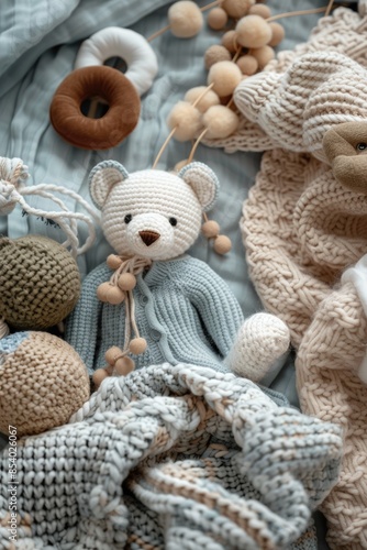 A handmade knitted bear surrounded by other knitted toys, great for nursery or children's room decor