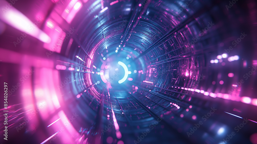 Futuristic tunnel with glowing neon lights. This tunnel looks futuristic and digital, perfect for tech and science fiction themes. At the end of the tunnel, it is surrounded by smoke and fog. Futuristic tunnel with glowing neon lights. This tunnel looks futuristic and digital, perfect for tech and science fiction themes. At the end of the tunnel, it is surrounded by smoke and fog.