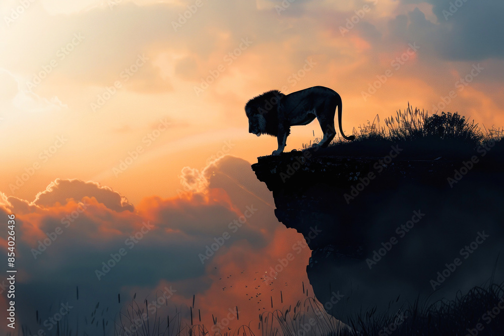 Lion silhouette with dramatic sunset and grass Lion silhouette with dramatic sunset and grass