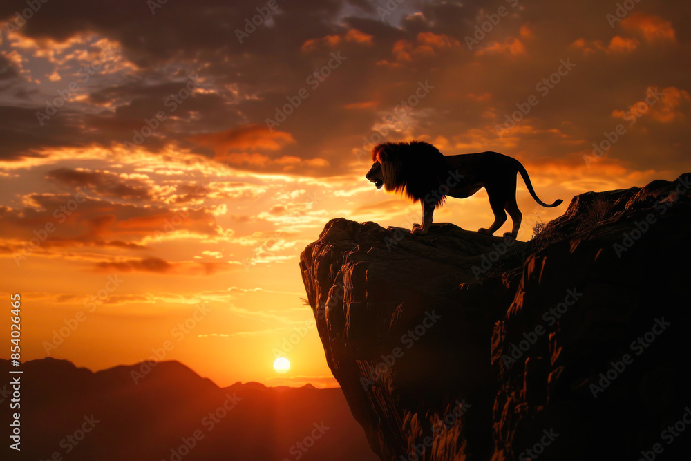 Majestic lion roaring at sunset Majestic lion roaring at sunset