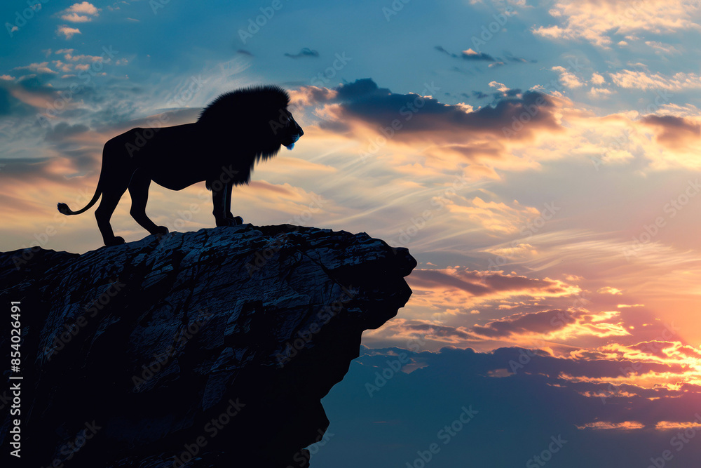 Majestic lion silhouette on cliff at dusk Majestic lion silhouette on cliff at dusk
