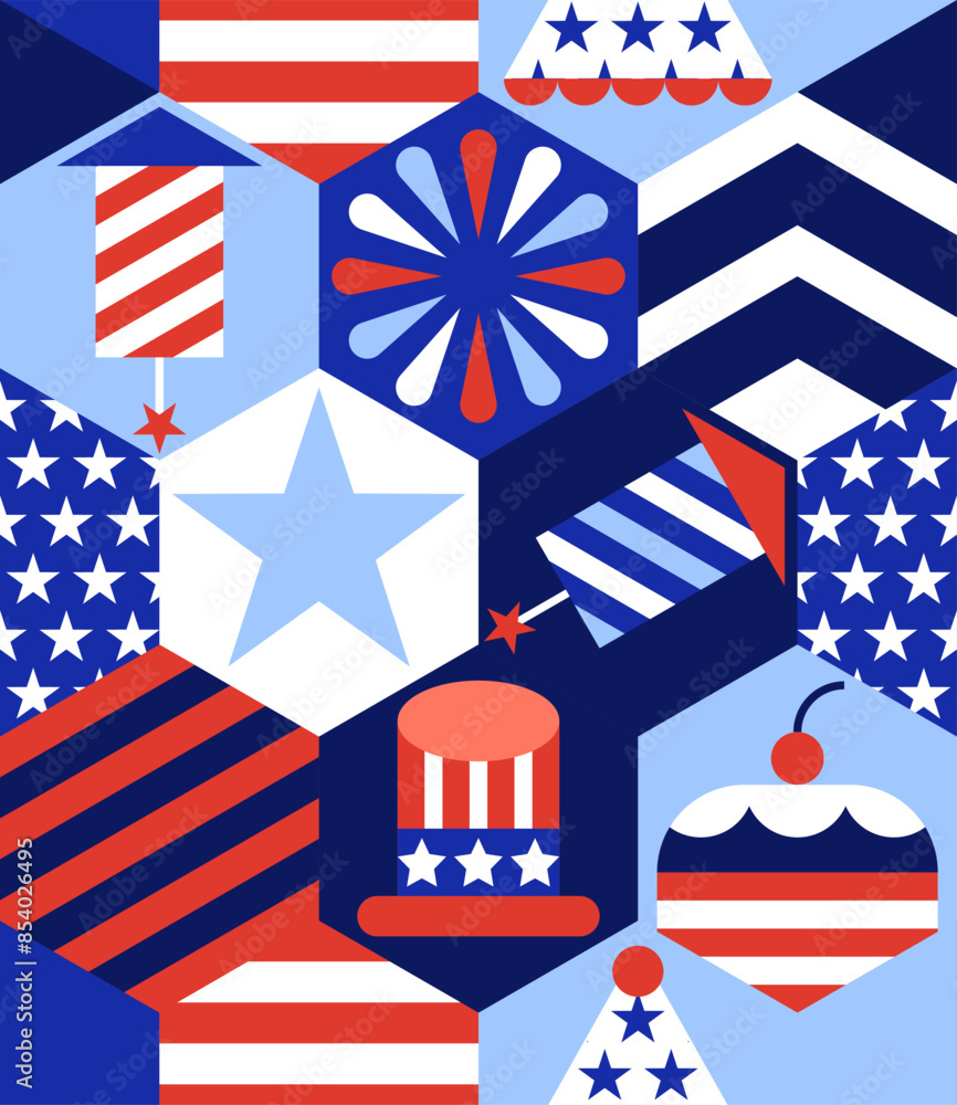 USA abstract geometric seamless pattern. Hexagon color block holiday party background with American flag and symbols. Vector fashion print, banner, poster, greeting card design USA abstract geometric seamless pattern. Hexagon color block holiday party background with American flag and symbols. Vector fashion print, banner, poster, greeting card design