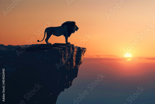 Majestic lion silhouetted against sunset photo