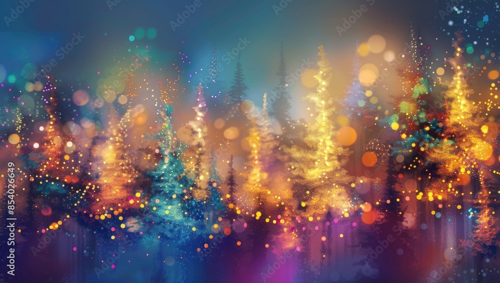 Fototapeta premium Magical Christmas Forest with Colorful Neon Light Garland Glowing. Abstract Christmas Trees in Fog with Bright Bokeh Light Effects, New Year Greeting Card, Digital Art Illustration Banner
