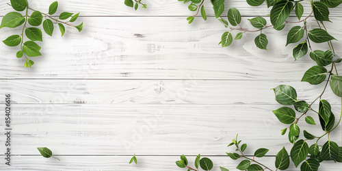 A clean, rustic white wooden surface complemented by green leaves and branches on the right, creating a natural and serene banner template with a minimalistic aesthetic from a top