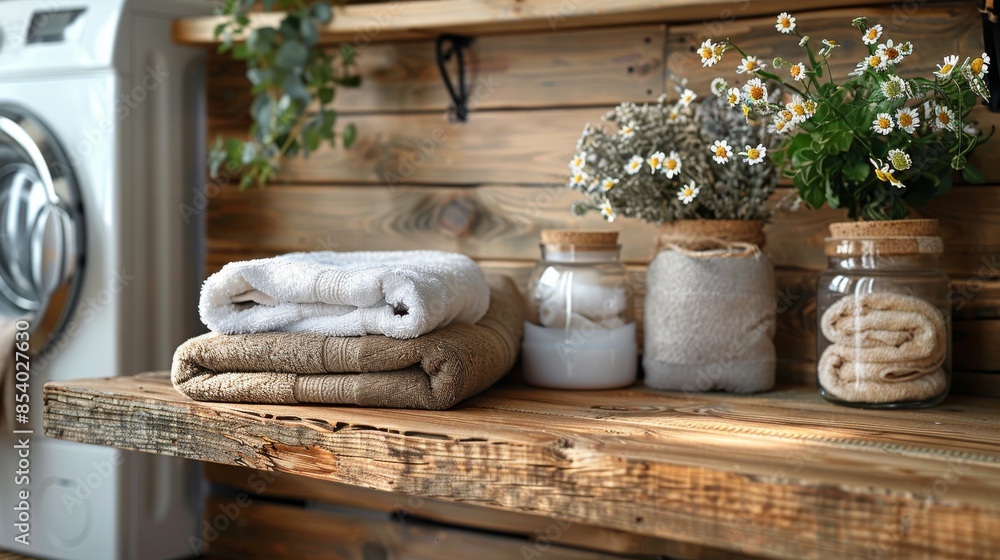 A wooden shelf with neatly folded towels and decorative jars in a laundry room A wooden shelf with neatly folded towels and decorative jars in a laundry room