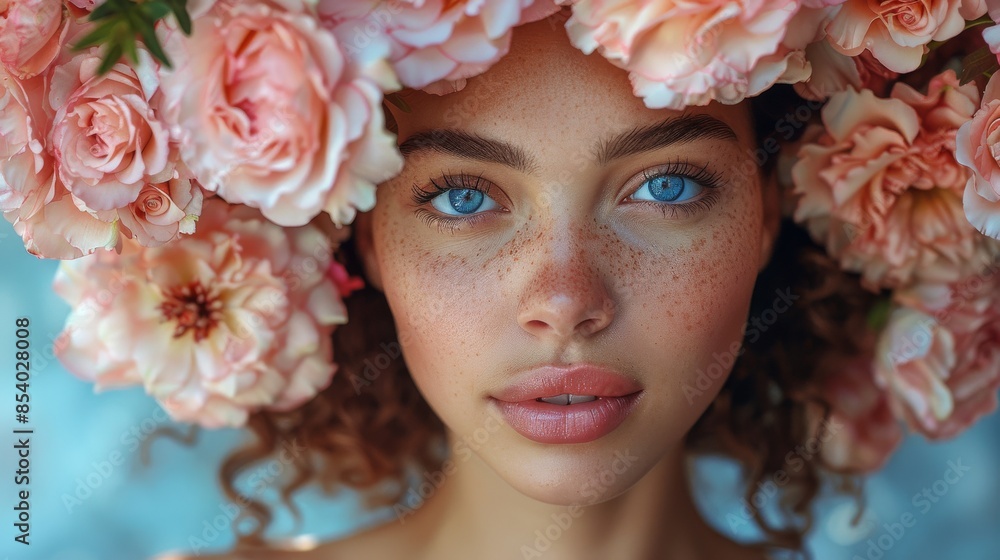 Close-up of a woman with blue eyes and a headpiece made of pink flowers