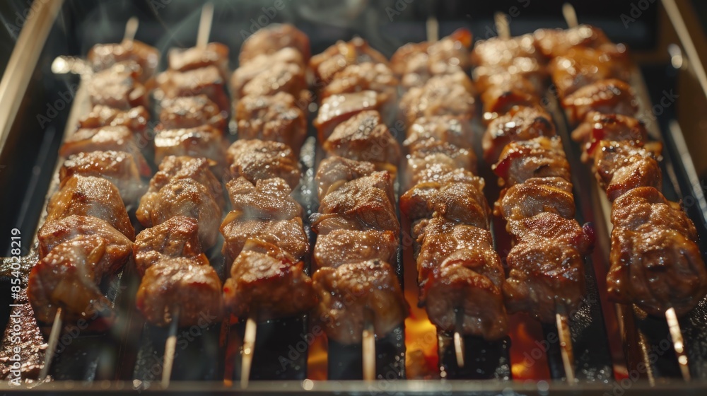 A close-up view of grilled meat skewers, perfect for food and restaurant use A close-up view of grilled meat skewers, perfect for food and restaurant use