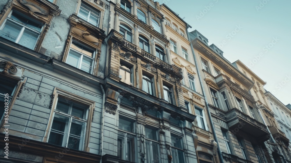 A tall building with many windows and outdoor spaces, suitable for use in urban or cityscape settings A tall building with many windows and outdoor spaces, suitable for use in urban or cityscape settings