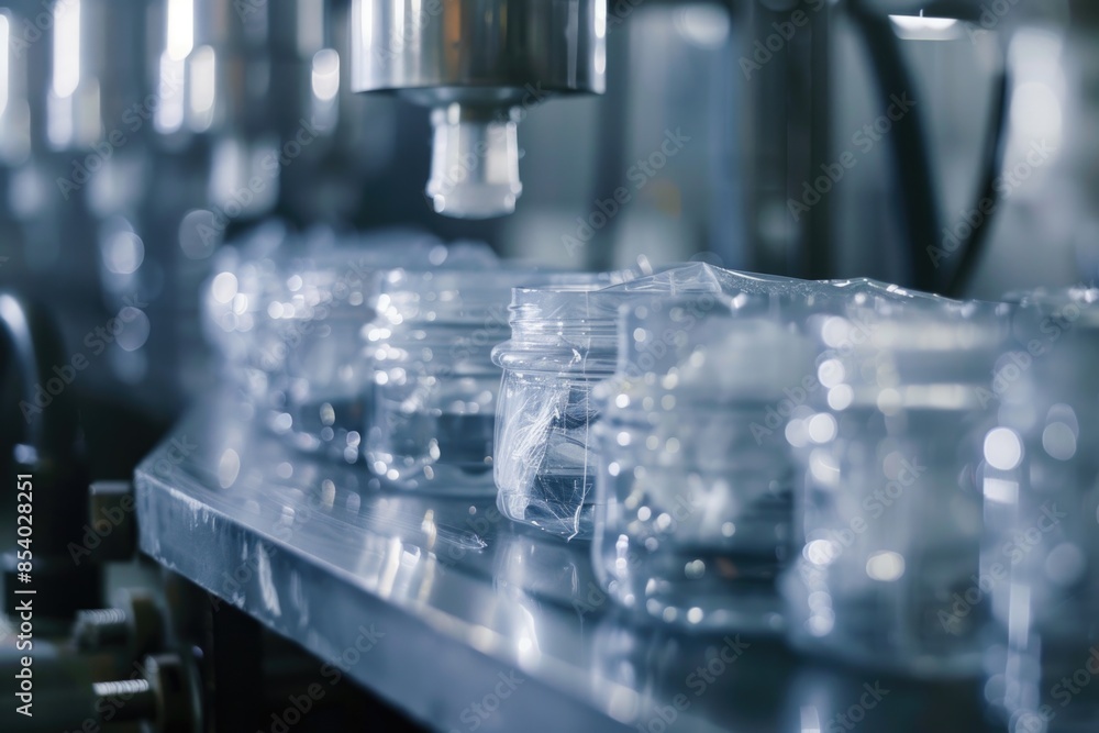 A close-up view of a conveyor belt transporting bottles A close-up view of a conveyor belt transporting bottles