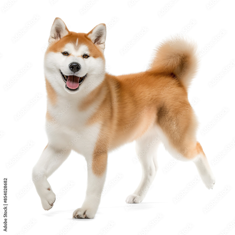 Cute funny Akita Inu dog in silly walking pose on isolated background