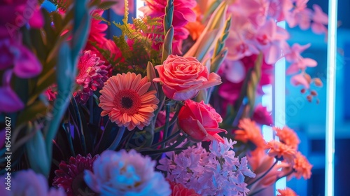 A vibrant arrangement of pink, orange, and purple flowers are illuminated by blue neon lights, creating a striking contrast and a sense of ethereal beauty. © Prostock-studio