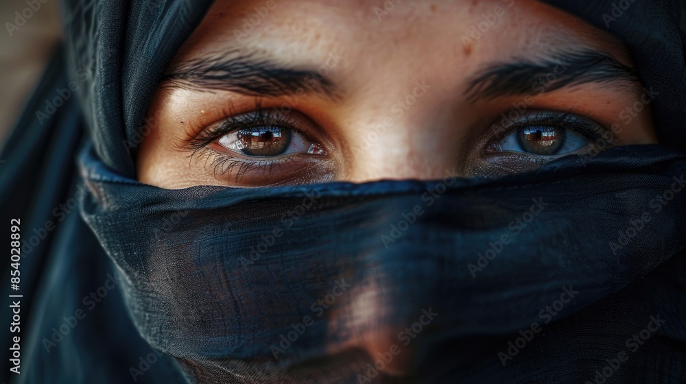 A close-up shot of a person's face covered with a veil, suitable for use in scenes where identity is important A close-up shot of a person's face covered with a veil, suitable for use in scenes where identity is important