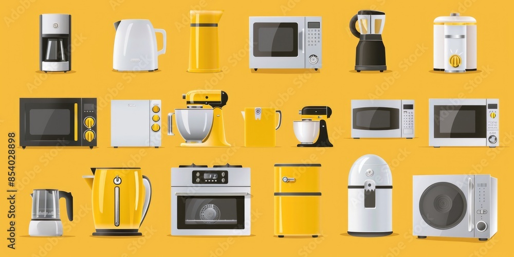 Collection of household appliances on a bright yellow surface Collection of household appliances on a bright yellow surface