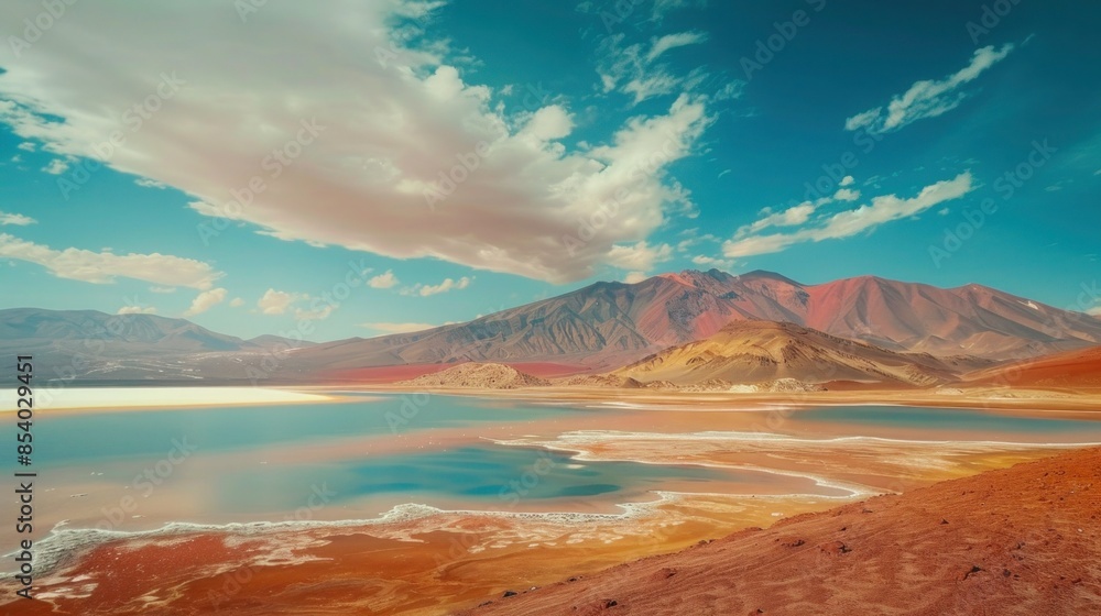 Red volcanic mountains and blue salt lakes beautiful nature background