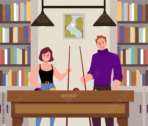 Casual billiards game in library setting vector illustration