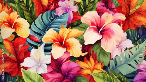 Wallpaper featuring a seamless pattern of colorful tropical flowers, evoking a sense of paradise. © venusvi