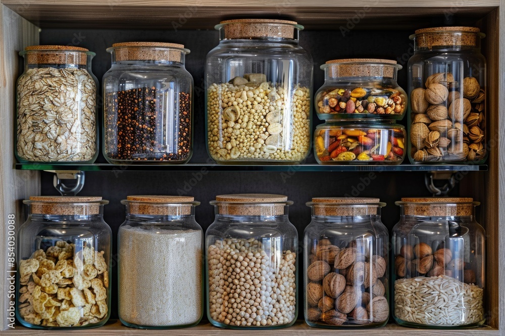 A wooden shelf filled with a variety of nuts including peanuts, almonds, walnuts, and more A wooden shelf filled with a variety of nuts including peanuts, almonds, walnuts, and more