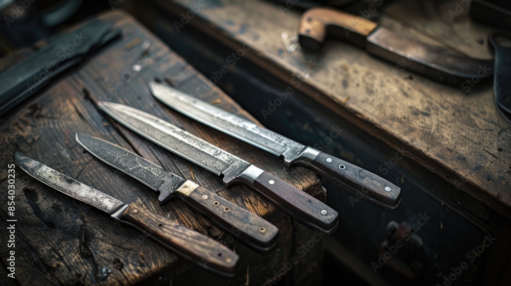 A collection of knives arranged neatly on a wooden surface, suitable for use in various settings including restaurants or home kitchens A collection of knives arranged neatly on a wooden surface, suitable for use in various settings including restaurants or home kitchens