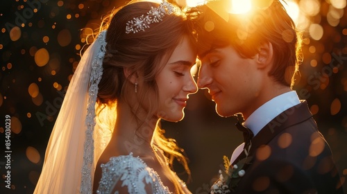 Romantic wedding couple embracing in the glowing light of the golden hour photo