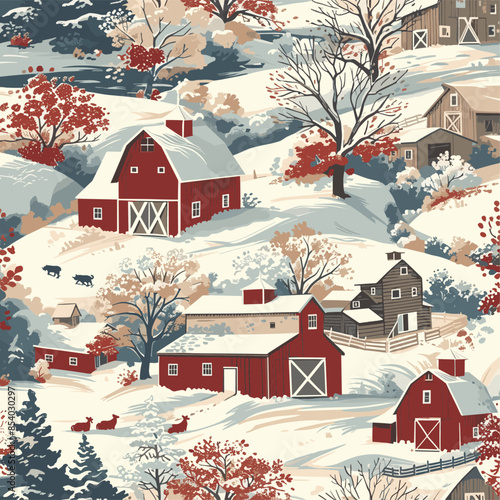 A seamless pattern of a winter countryside landscape featuring red barns, farmhouses, and snow-covered rolling hills. The illustration showcases a serene rural setting with scattered trees and animals