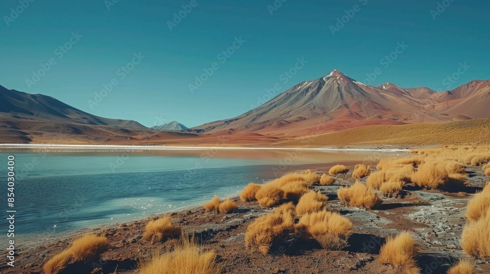Red volcanic mountains and blue salt lakes beautiful nature background Red volcanic mountains and blue salt lakes beautiful nature background