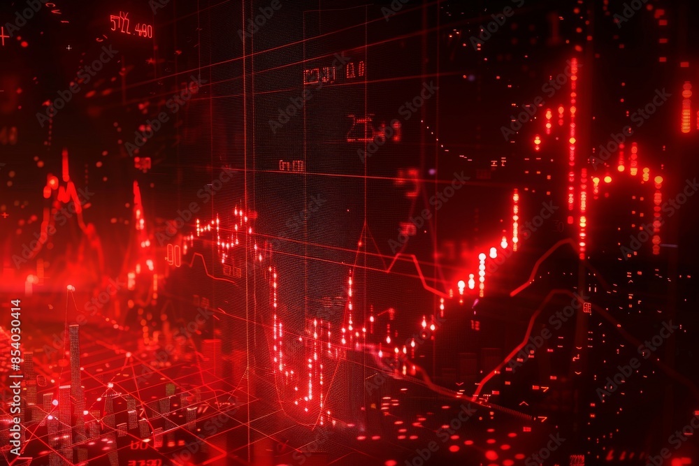 Obraz premium Abstract digital chart background, stock business graph in red, bankruptcy, loss and recession in finance, crash and crisis in economy