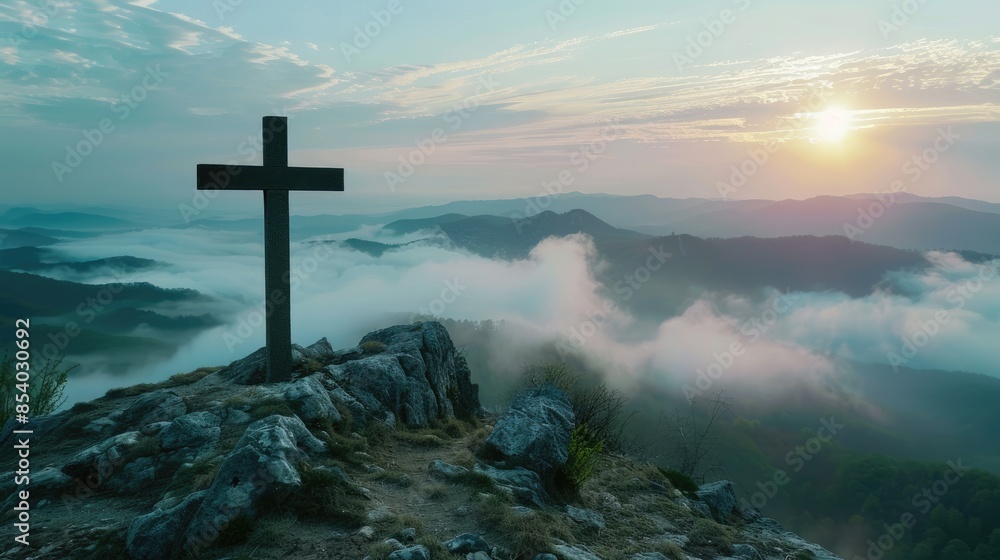 Wooden Cross on Mountain Top at Sunrise. Morning Sky with Sunlight Breaking Through Clouds and Foggy Valley Below. Natural Background Wallpaper Wooden Cross on Mountain Top at Sunrise. Morning Sky with Sunlight Breaking Through Clouds and Foggy Valley Below. Natural Background Wallpaper