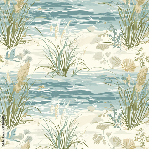 A seamless pattern of a coastal landscape featuring sandy beaches, gentle ocean waves, seashells, and beach grass. The illustration captures the serene and natural beauty of a seaside setting with sof