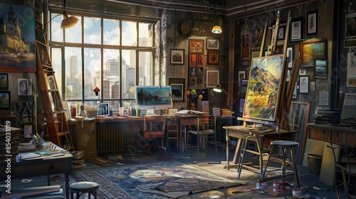 Wallpaper Mural A modern artist studio featuring AI tools like digital canvases and smart brushes for creating art. The room is filled with natural light and has a city view from the window. Generative AI Torontodigital.ca