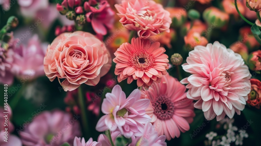 A close-up image of a bouquet of pink flowers, featuring a variety of blossoms, including gerbera daisies, ranunculus, and chrysanthemums, with lush greenery in the background. A close-up image of a bouquet of pink flowers, featuring a variety of blossoms, including gerbera daisies, ranunculus, and chrysanthemums, with lush greenery in the background.