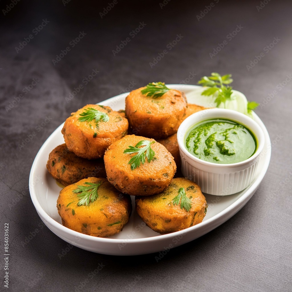 Indian street food aloo tikki also called tiki, potato patties, patty or potato cutlet serve with green chutney Indian street food aloo tikki also called tiki, potato patties, patty or potato cutlet serve with green chutney