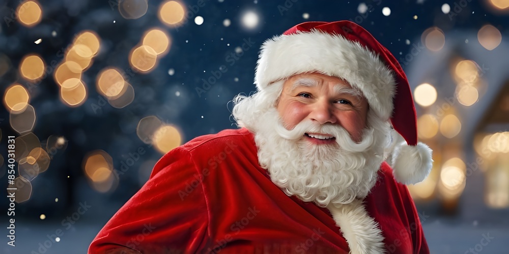 Beautiful and friendly Christmas Santa Claus on bokeh background. Generative AI Beautiful and friendly Christmas Santa Claus on bokeh background. Generative AI